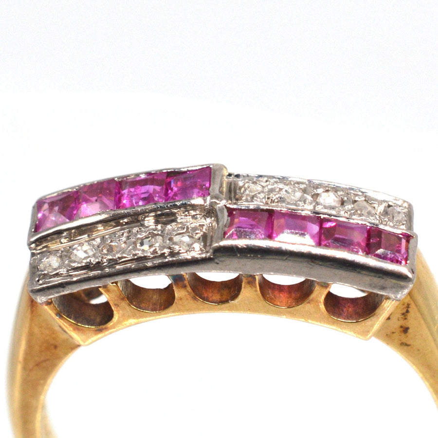 German Mid Century 14ct Gold and Platinum Ruby & Rose Diamond Geometric Ring