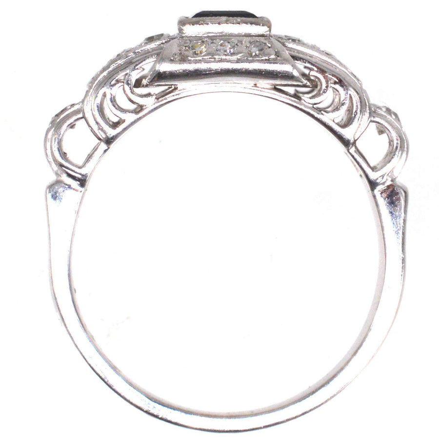 Mid Century Platinum, Green Sapphire and Diamond Ring