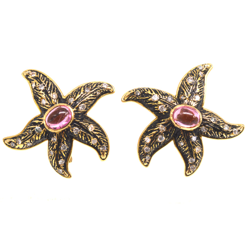 French C. Bonnetaud 18ct Gold Pink Tourmaline, Diamond & Black Enamel Starfish Earrings