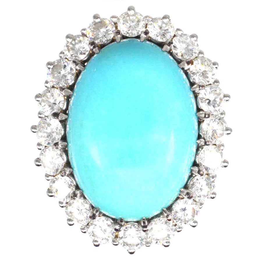 Vintage French turquoise and diamond cluster cocktail ring in 18ct gold and platinum setting.