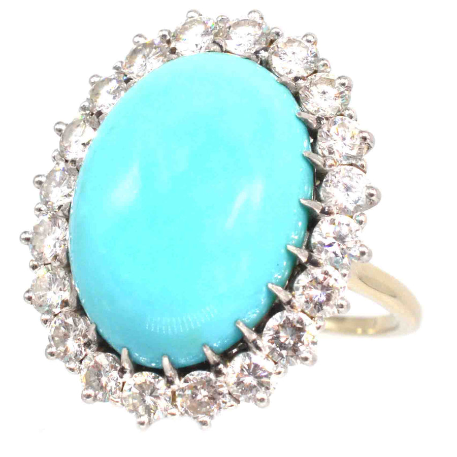 French vintage turquoise and diamond cluster cocktail ring, 1960s style, made of gold and platinum.