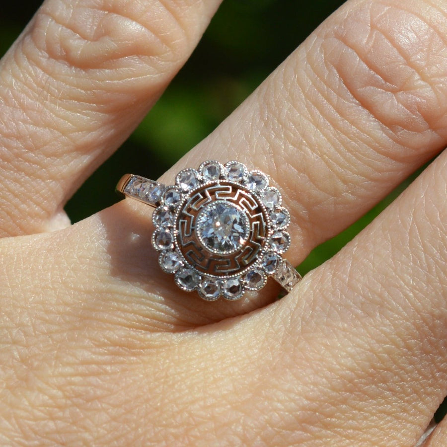 Art Deco 18ct Gold and Platinum Target Diamond Ring with Greek Key Details | Parkin and Gerrish (UK)