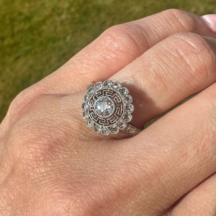 Art Deco 18ct Gold and Platinum Target Diamond Ring with Greek Key Details | Parkin and Gerrish (UK)