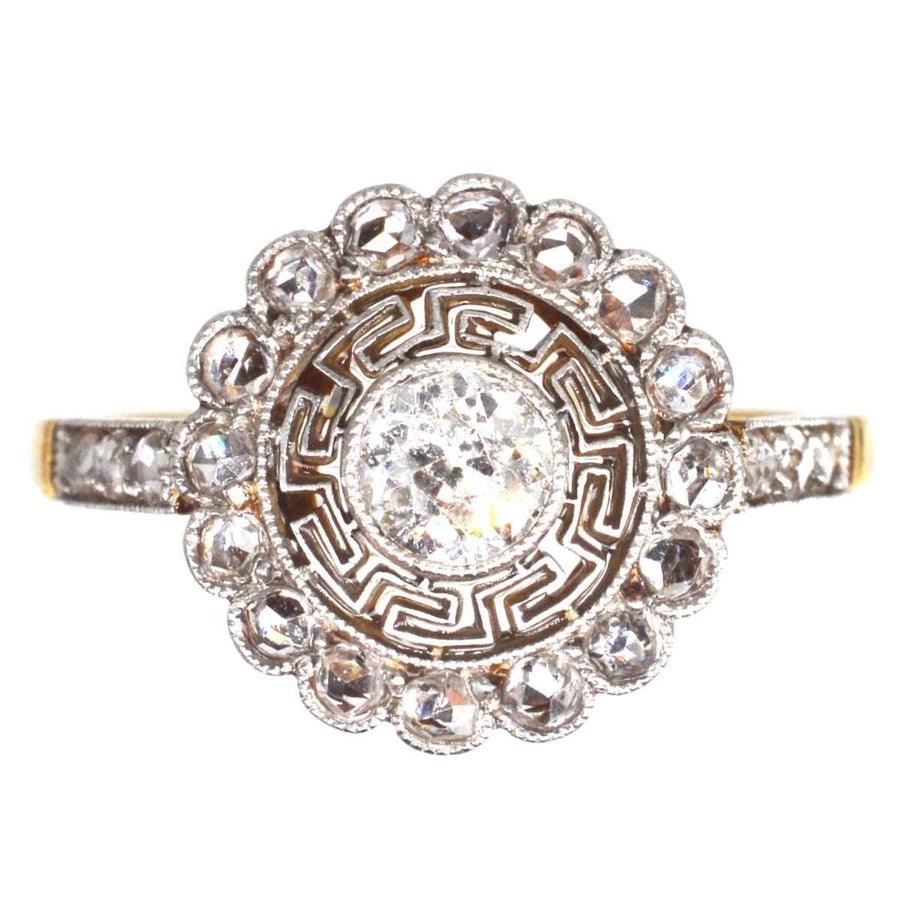 Art Deco 18ct Gold and Platinum Target Diamond Ring with Greek Key Details | Parkin and Gerrish (UK)