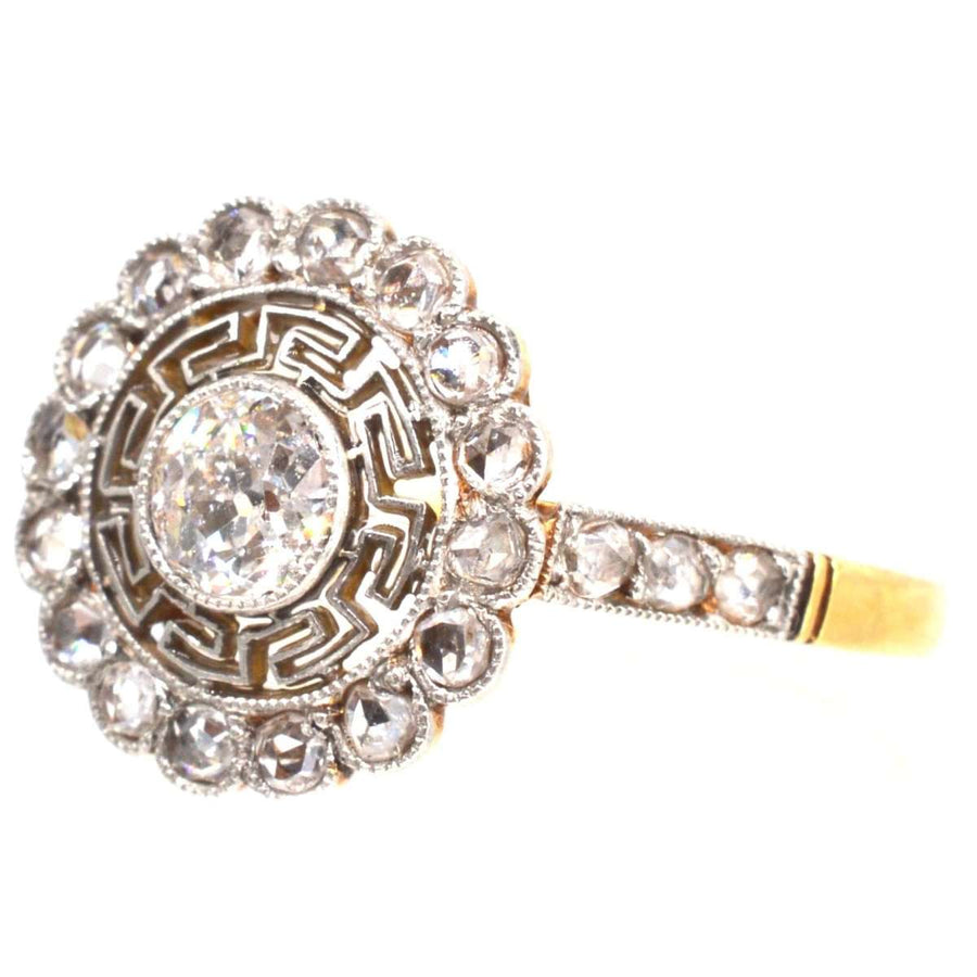 Art Deco 18ct Gold and Platinum Target Diamond Ring with Greek Key Details | Parkin and Gerrish (UK)
