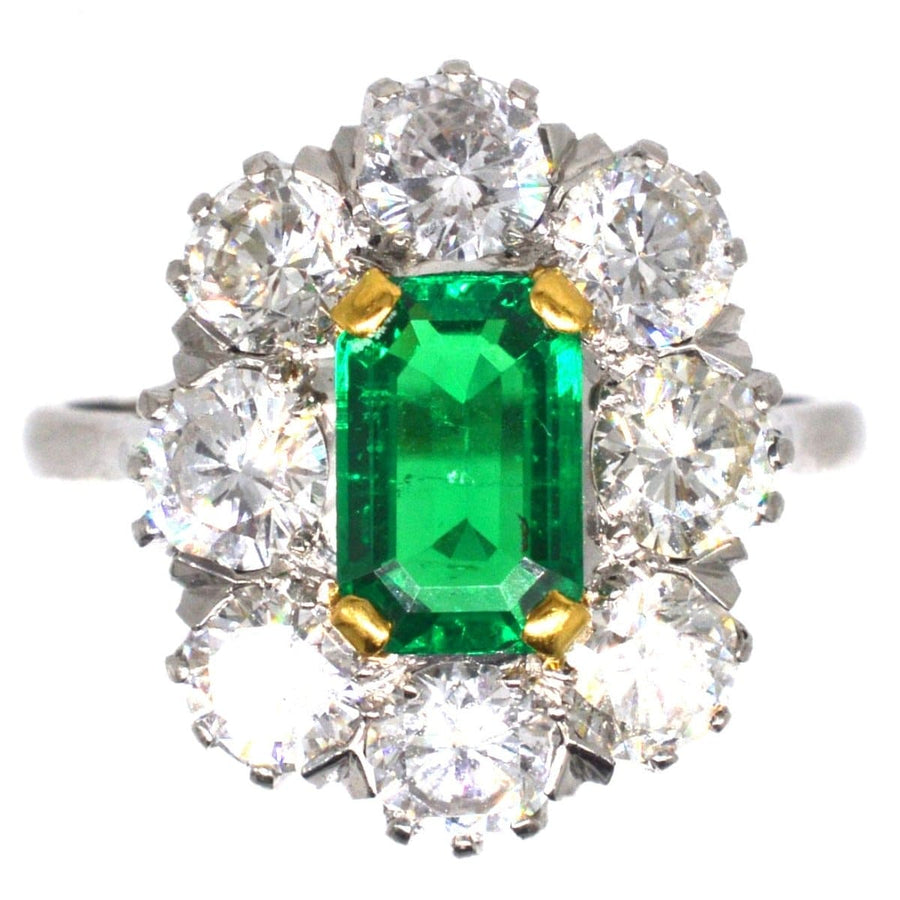 Art Deco 18ct Gold & Platinum Certificated Columbian Emerald and Diamond Cluster Ring | Parkin and Gerrish (UK)