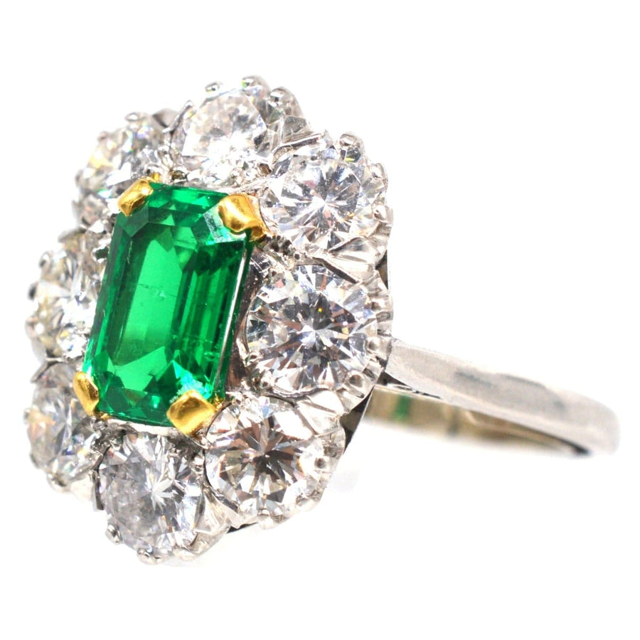 Art Deco 18ct Gold & Platinum Certificated Columbian Emerald and Diamond Cluster Ring | Parkin and Gerrish (UK)
