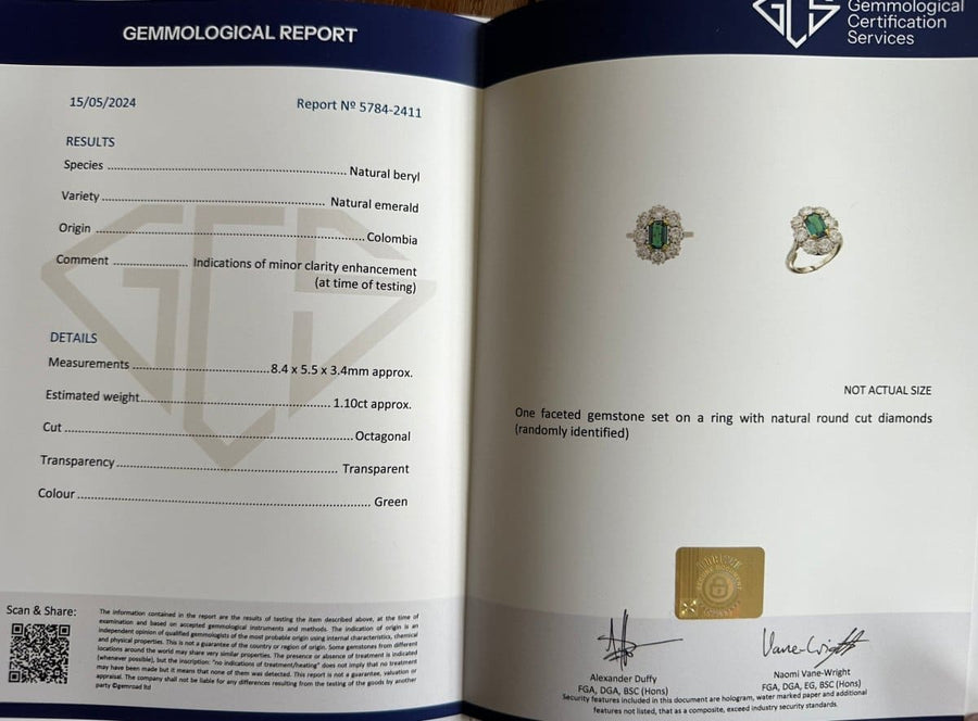 Art Deco 18ct Gold & Platinum Certificated Columbian Emerald and Diamond Cluster Ring | Parkin and Gerrish (UK)