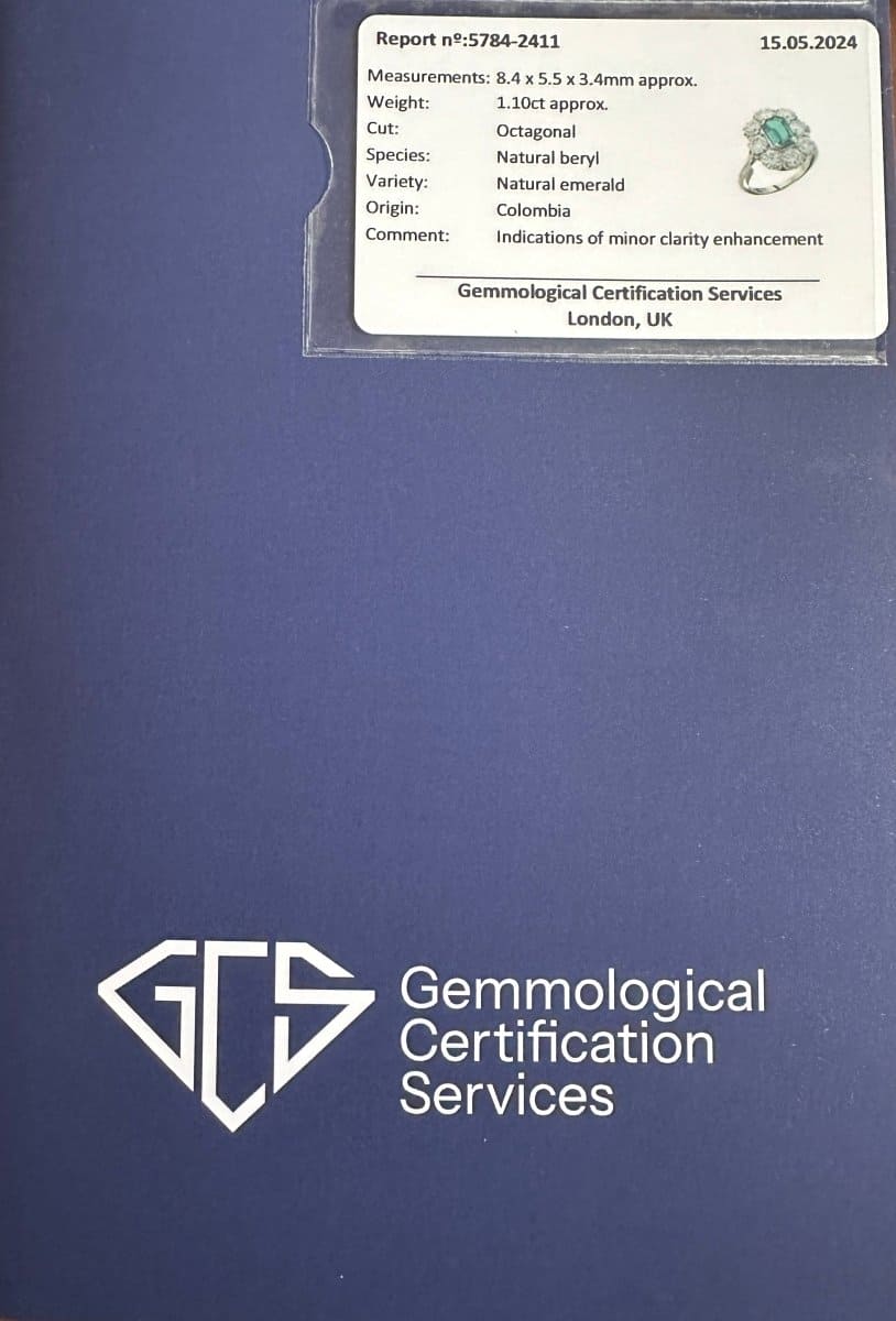 Art Deco 18ct Gold & Platinum Certificated Columbian Emerald and Diamond Cluster Ring | Parkin and Gerrish (UK)