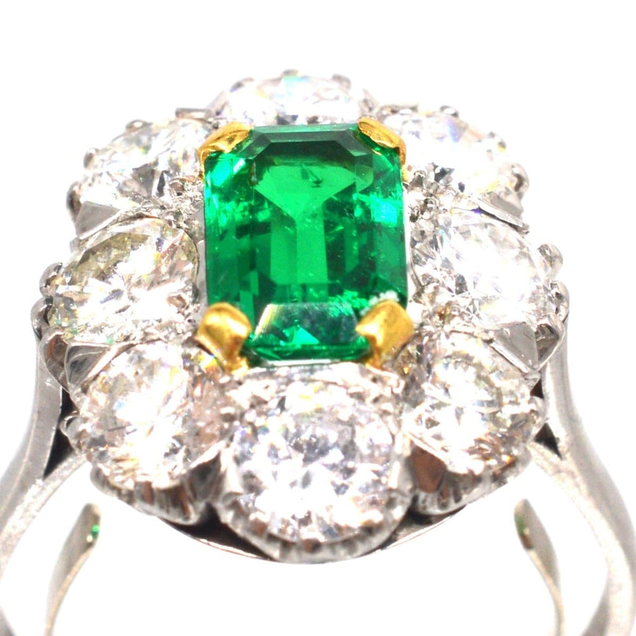 Art Deco 18ct Gold & Platinum Certificated Columbian Emerald and Diamond Cluster Ring | Parkin and Gerrish (UK)