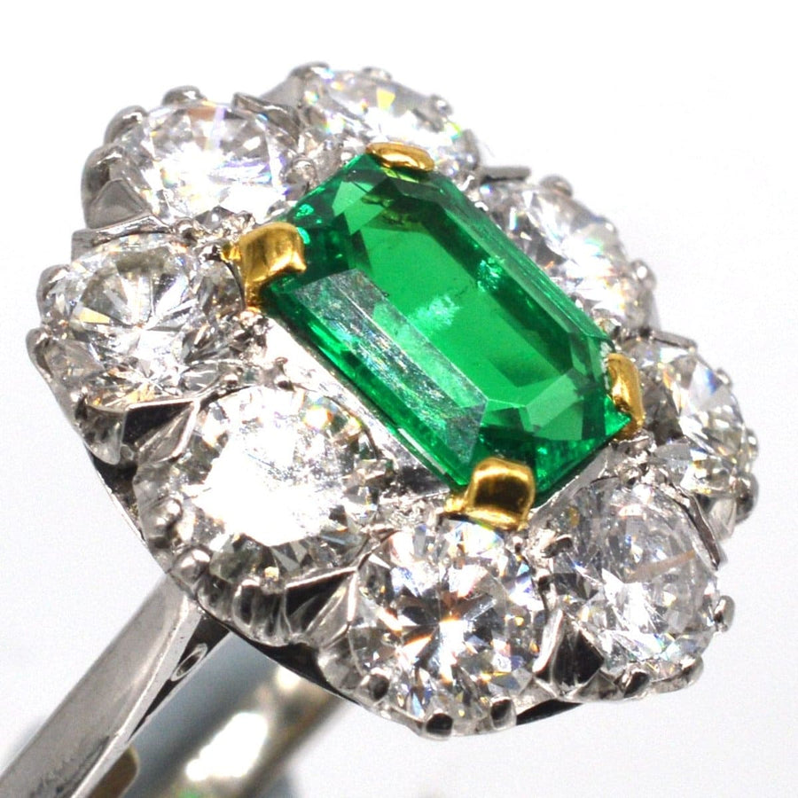 Art Deco 18ct Gold & Platinum Certificated Columbian Emerald and Diamond Cluster Ring | Parkin and Gerrish (UK)