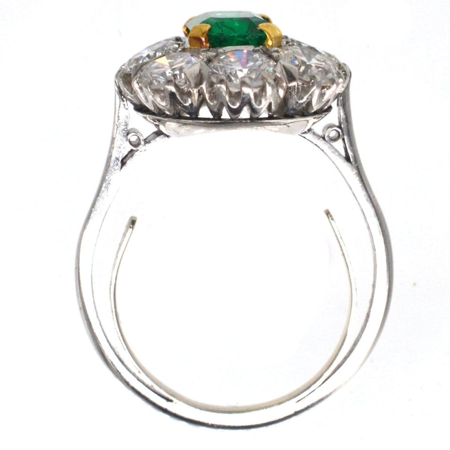 Art Deco 18ct Gold & Platinum Certificated Columbian Emerald and Diamond Cluster Ring | Parkin and Gerrish (UK)