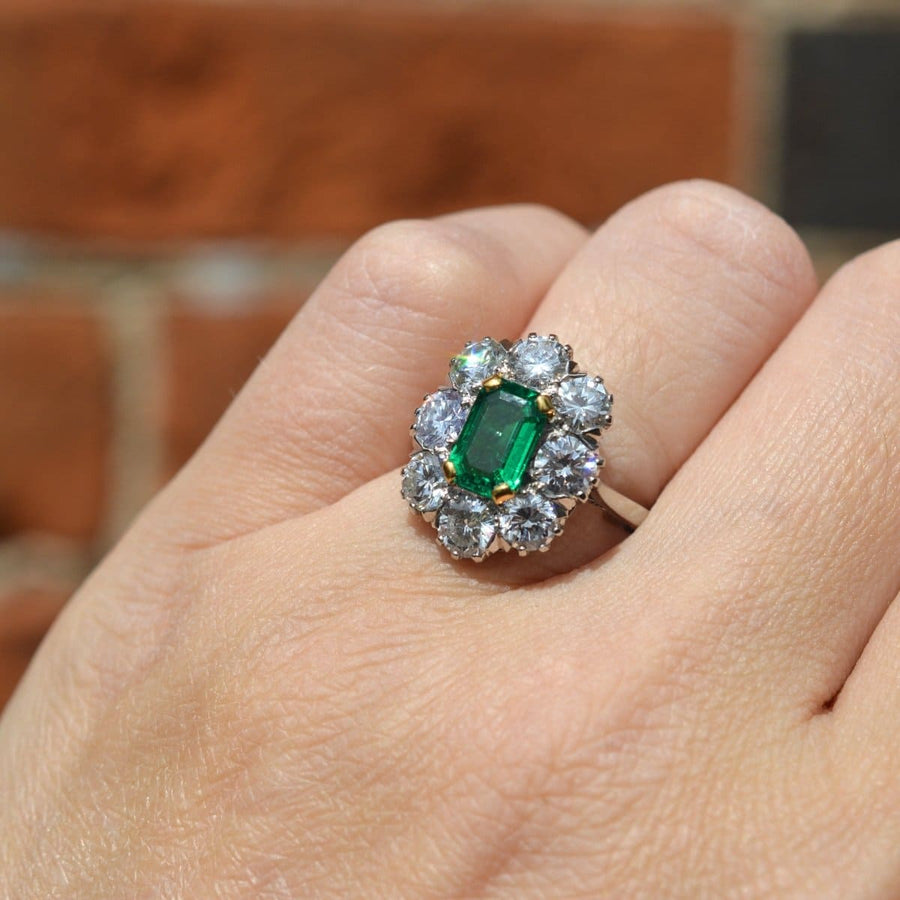 Art Deco 18ct Gold & Platinum Certificated Columbian Emerald and Diamond Cluster Ring | Parkin and Gerrish (UK)