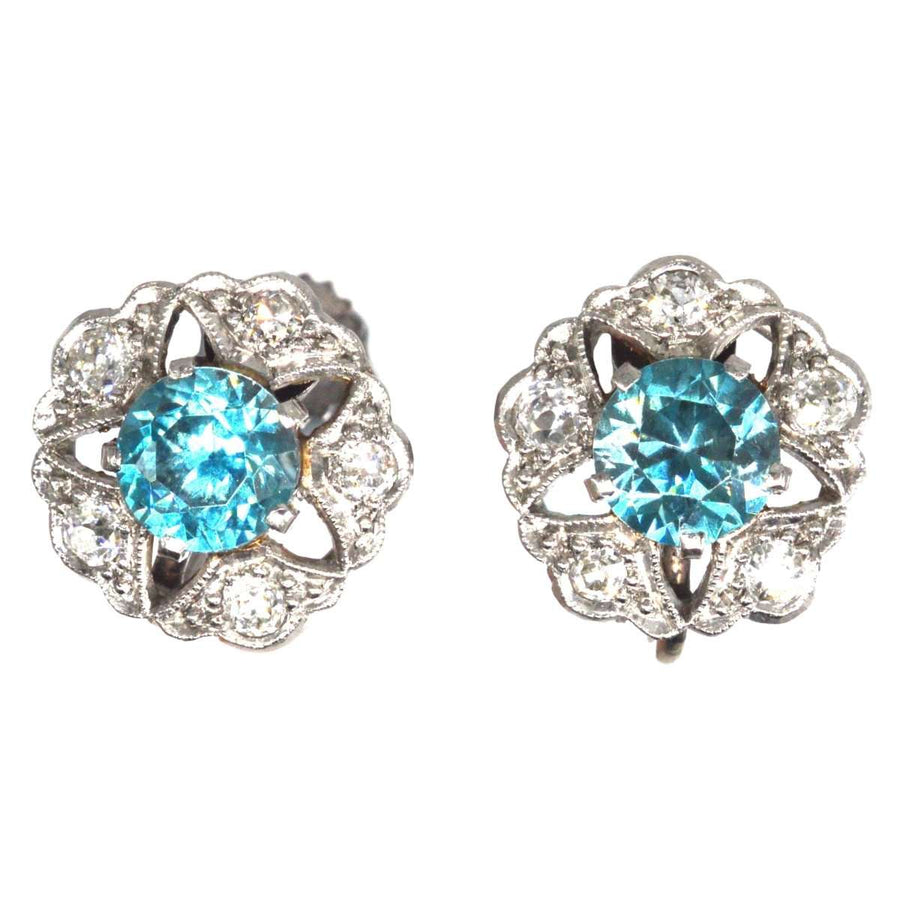 Art Deco 9ct White Gold Blue Zircon and Diamond Cluster Earrings | Parkin and Gerrish (UK)