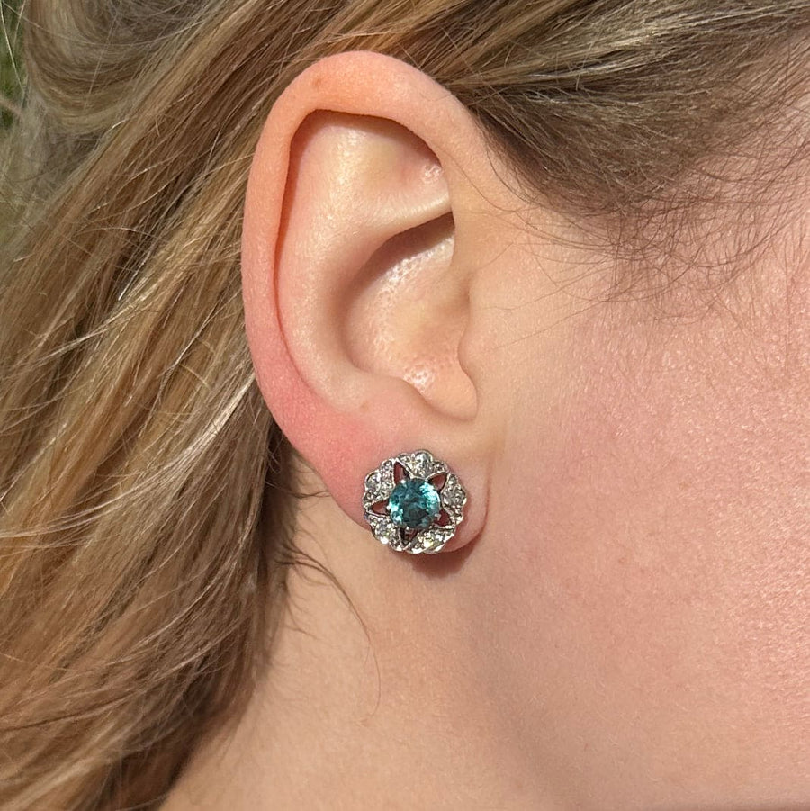 Art Deco 9ct White Gold Blue Zircon and Diamond Cluster Earrings | Parkin and Gerrish (UK)