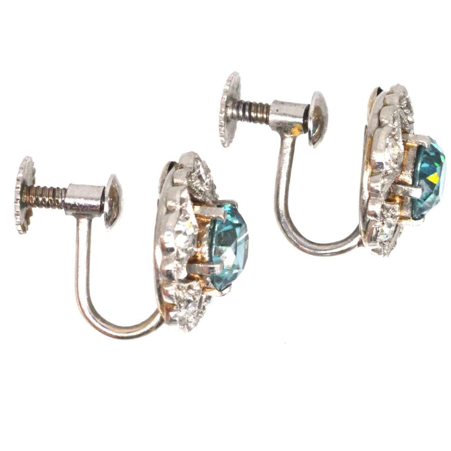 Art Deco 9ct White Gold Blue Zircon and Diamond Cluster Earrings | Parkin and Gerrish (UK)