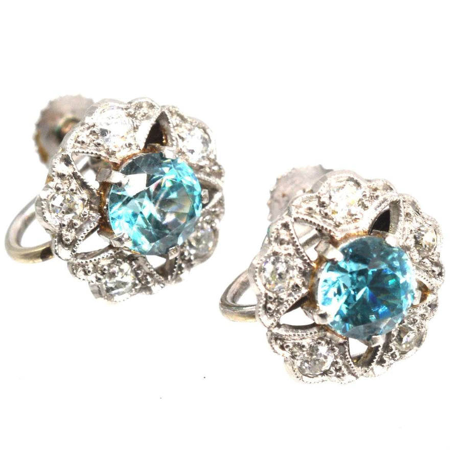 Art Deco 9ct White Gold Blue Zircon and Diamond Cluster Earrings | Parkin and Gerrish (UK)
