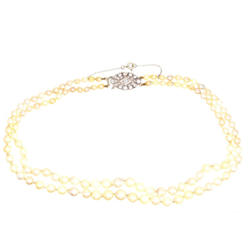 Art Deco Double-Strand Cultured Saltwater Pearl Necklace with Diamond Clasp