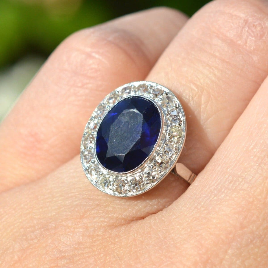 Art Deco Platinum Synthetic Sapphire & Diamond Cluster Ring | Parkin and Gerrish (UK)