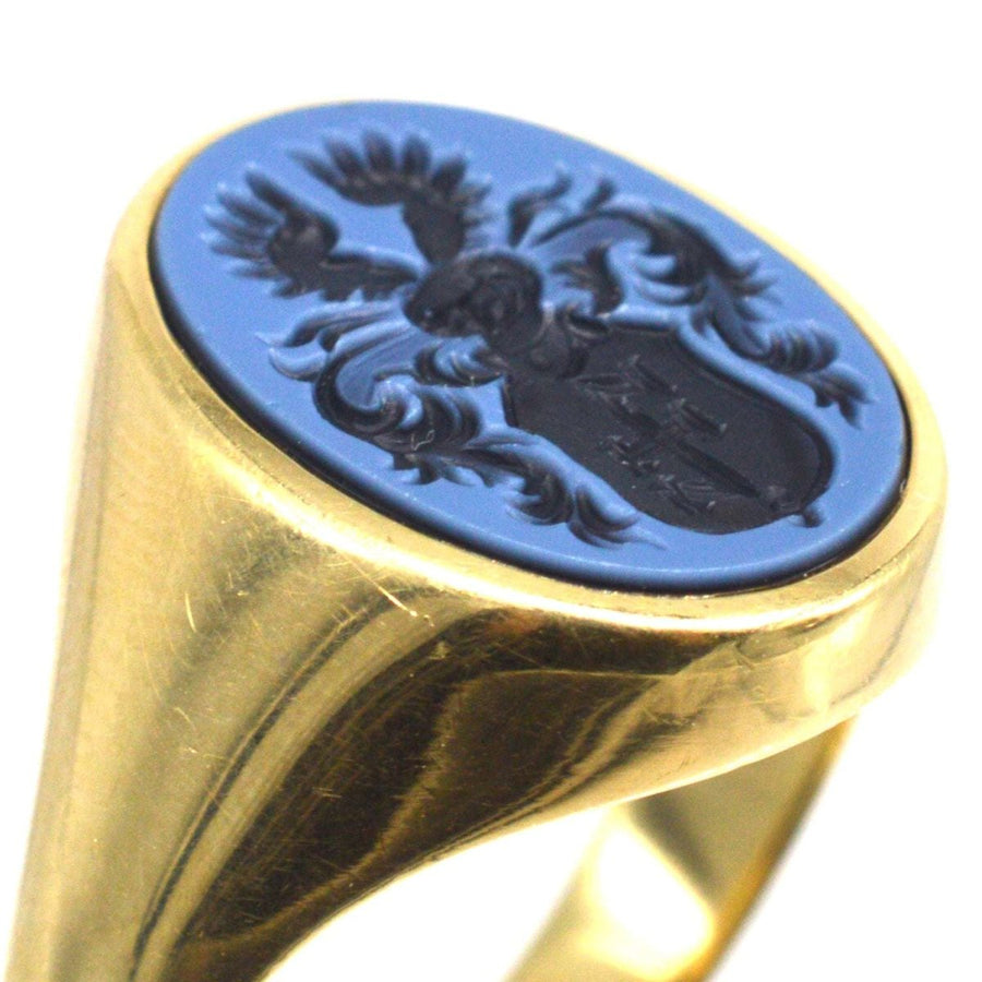 Early 20th Century 14ct Gold Sardonyx Signet Ring with Armorial Intaglio Crest | Parkin and Gerrish (UK)