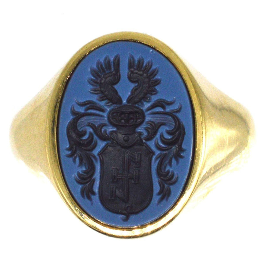 Early 20th Century 14ct Gold Sardonyx Signet Ring with Armorial Intaglio Crest | Parkin and Gerrish (UK)