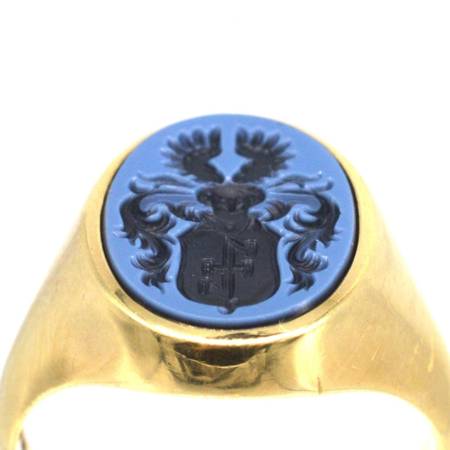 Early 20th Century 14ct Gold Sardonyx Signet Ring with Armorial Intaglio Crest | Parkin and Gerrish (UK)