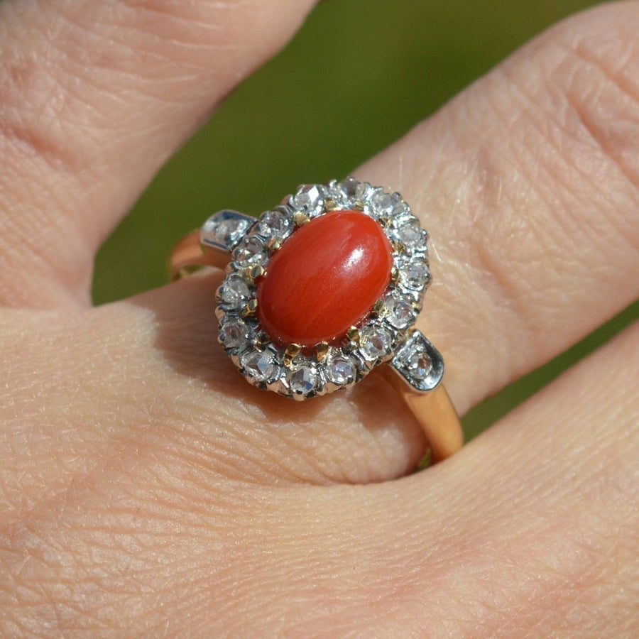 French Belle Époque Hot Red Coral and Diamond Cluster Ring | Parkin and Gerrish (UK)