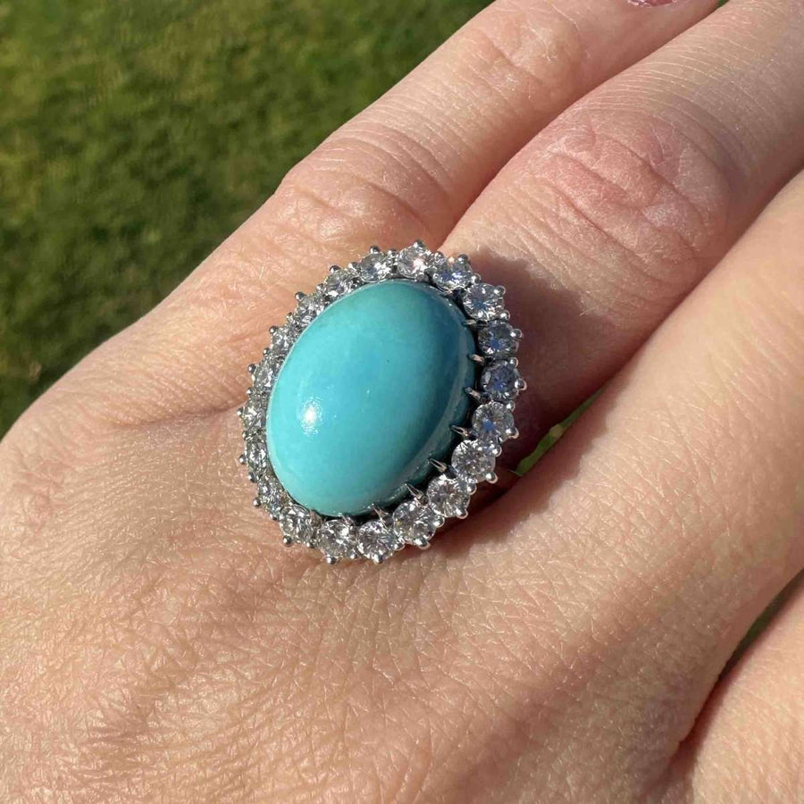 French Large Vintage Turquoise and Diamond Cluster Cocktail Ring | Parkin and Gerrish (UK)