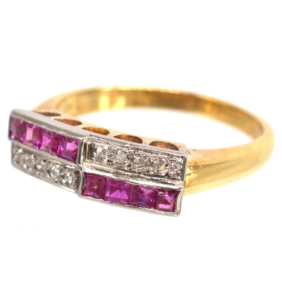 German Mid Century 14ct Gold and Platinum Ruby & Rose Diamond Geometric Ring | Parkin and Gerrish (UK)