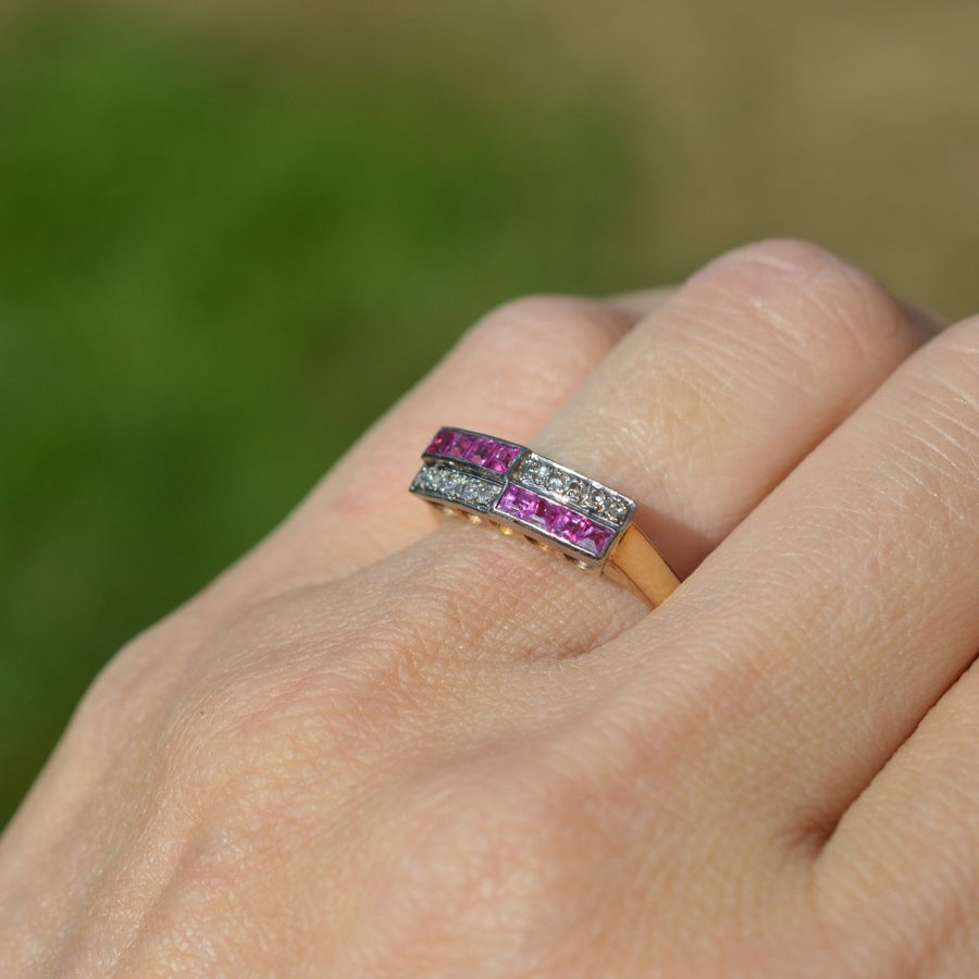 German Mid Century 14ct Gold and Platinum Ruby & Rose Diamond Geometric Ring | Parkin and Gerrish (UK)