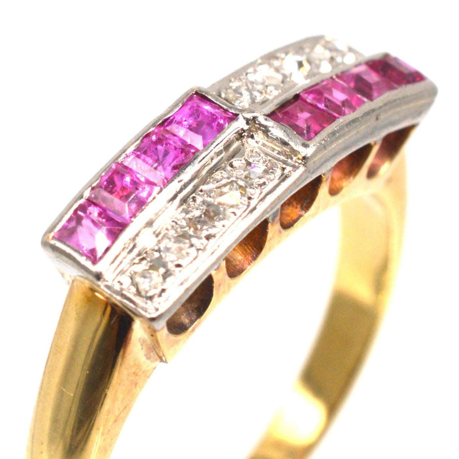 German Mid Century 14ct Gold and Platinum Ruby & Rose Diamond Geometric Ring | Parkin and Gerrish (UK)