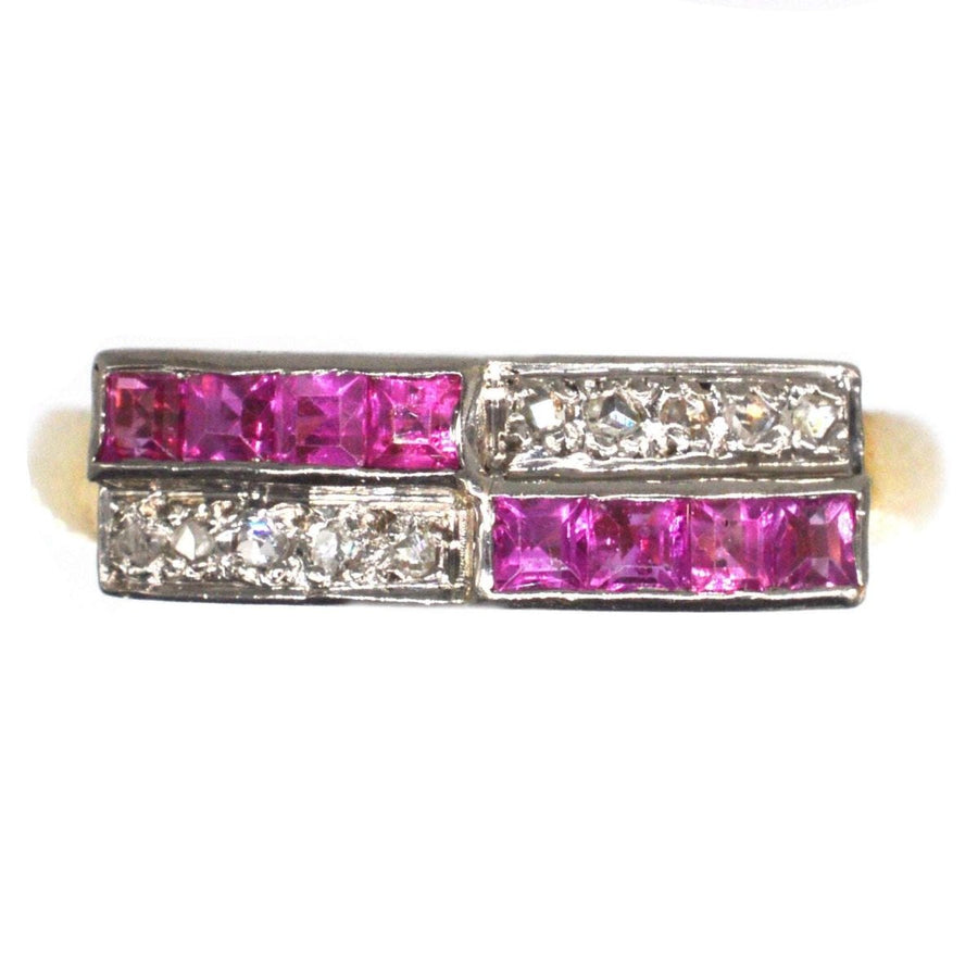 German Mid Century 14ct Gold and Platinum Ruby & Rose Diamond Geometric Ring | Parkin and Gerrish (UK)