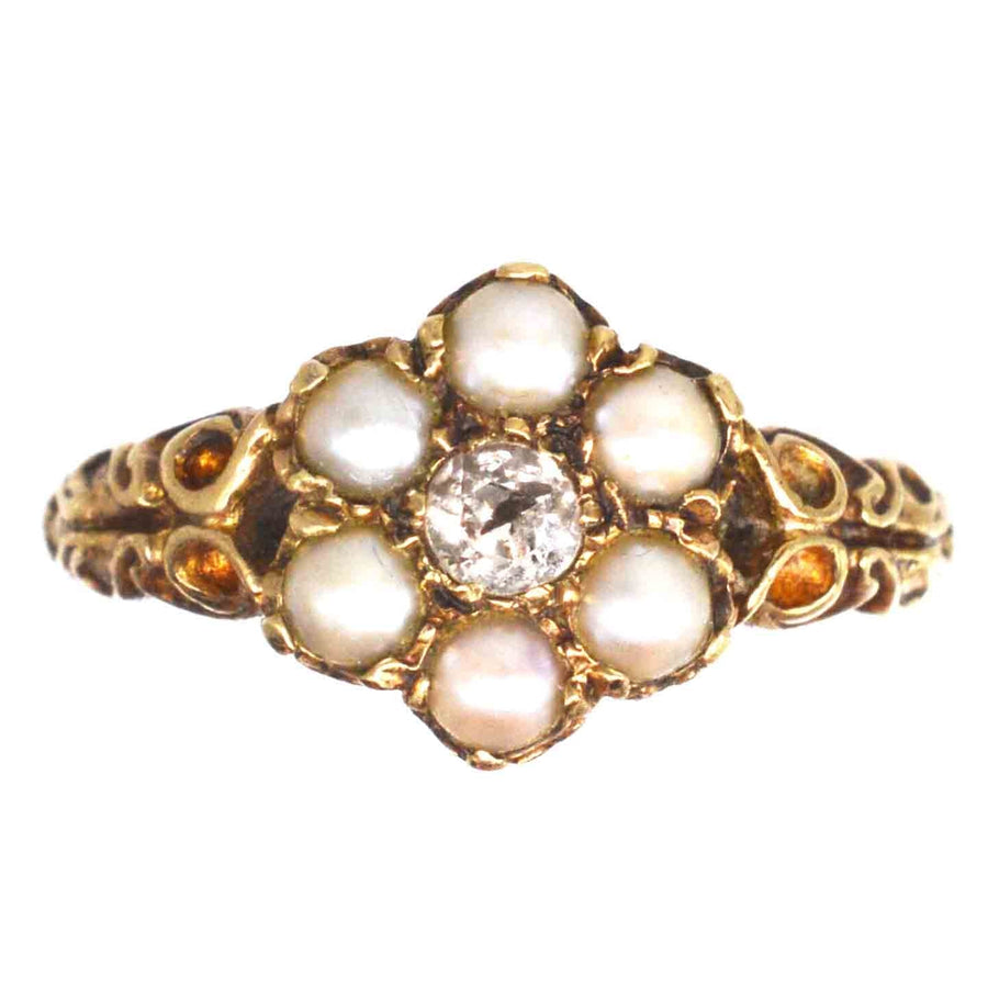 Late Victorian 9ct Gold Split Pearl and Diamond Cluster Ring | Parkin and Gerrish (UK)