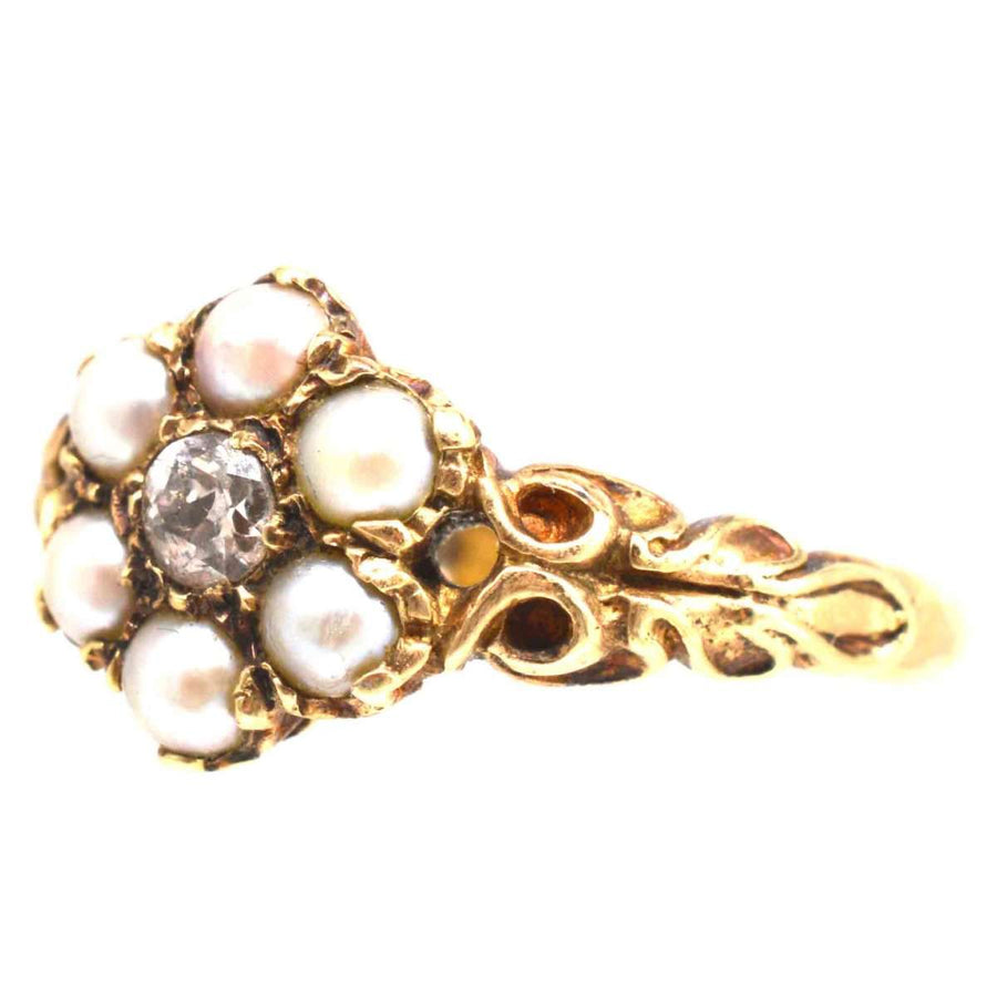 Late Victorian 9ct Gold Split Pearl and Diamond Cluster Ring | Parkin and Gerrish (UK)