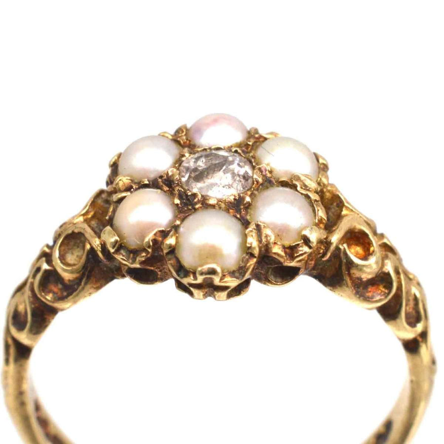 Late Victorian 9ct Gold Split Pearl and Diamond Cluster Ring | Parkin and Gerrish (UK)