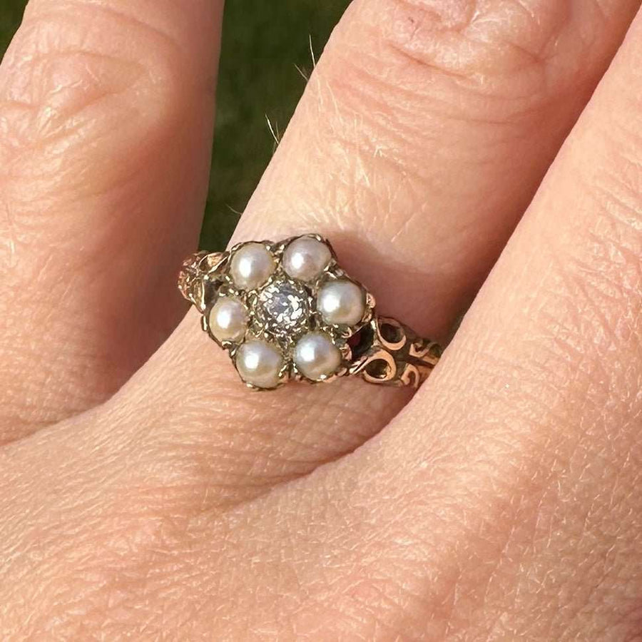 Late Victorian 9ct Gold Split Pearl and Diamond Cluster Ring | Parkin and Gerrish (UK)