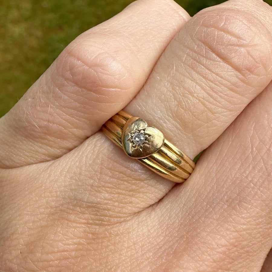 Victorian 18ct Gold Band Keeper Ring with a Heart and a Diamond | Parkin and Gerrish (UK)