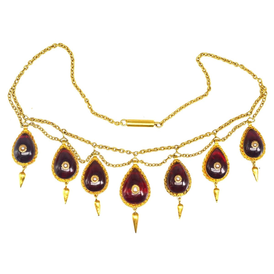 19th Century 15ct Gold, Cabochon Garnet and Seed Pearl Swag Chain Necklace | Parkin and Gerrish (UK)