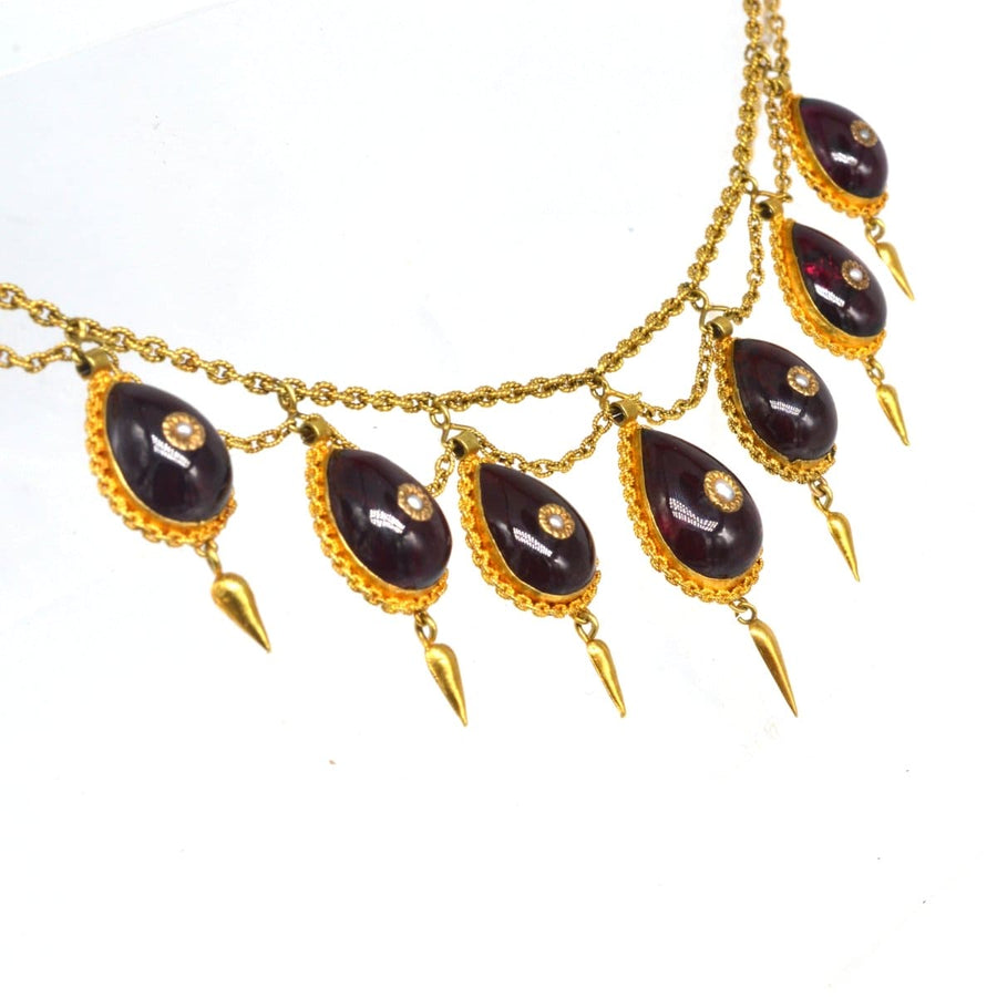 19th Century 15ct Gold, Cabochon Garnet and Seed Pearl Swag Chain Necklace | Parkin and Gerrish (UK)