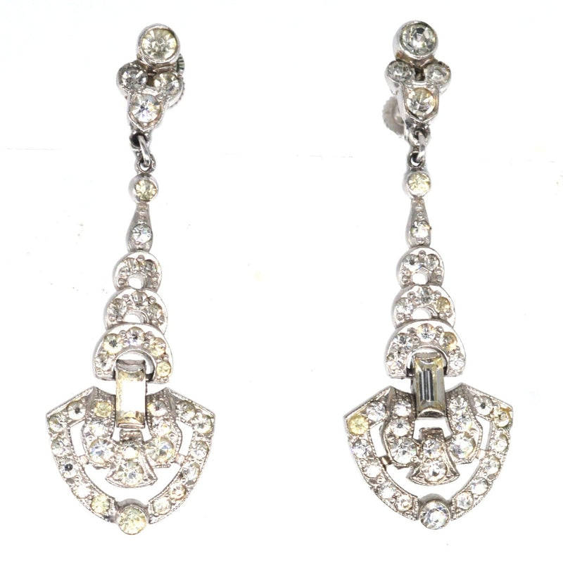 Art Deco 1930s Chrome Screw Top Long Drop Paste Earrings