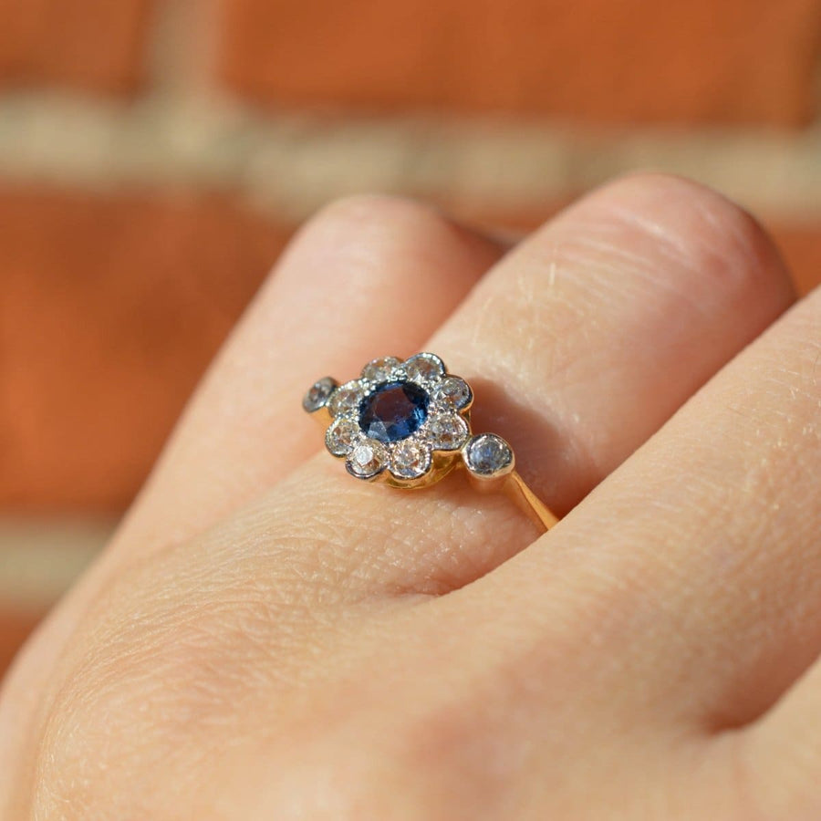 Edwardian 18ct Gold & Platinum, Sapphire & Diamond Cluster Ring | Parkin and Gerrish (UK)