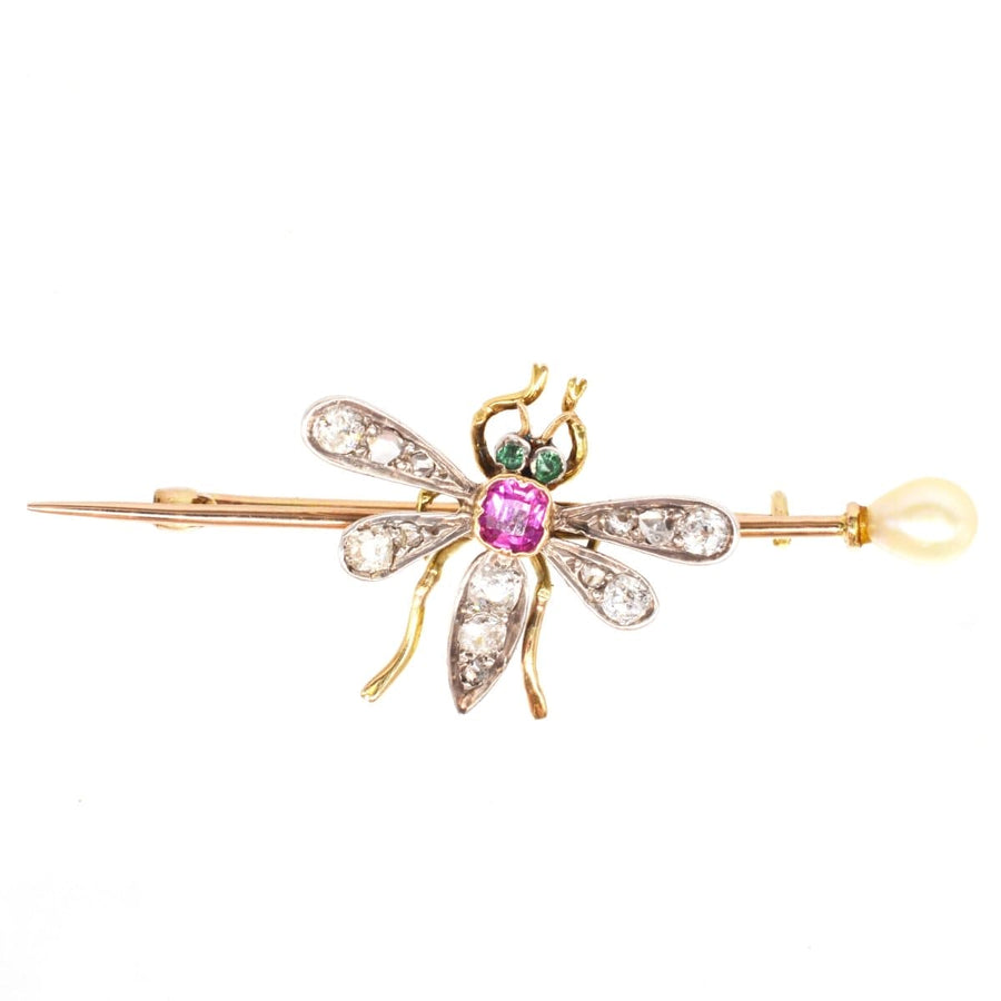 Edwardian Platinum & 18ct Gold, Pink Sapphire, Emerald, Diamond and Natural Pearl Bug brooch | Parkin and Gerrish (UK)