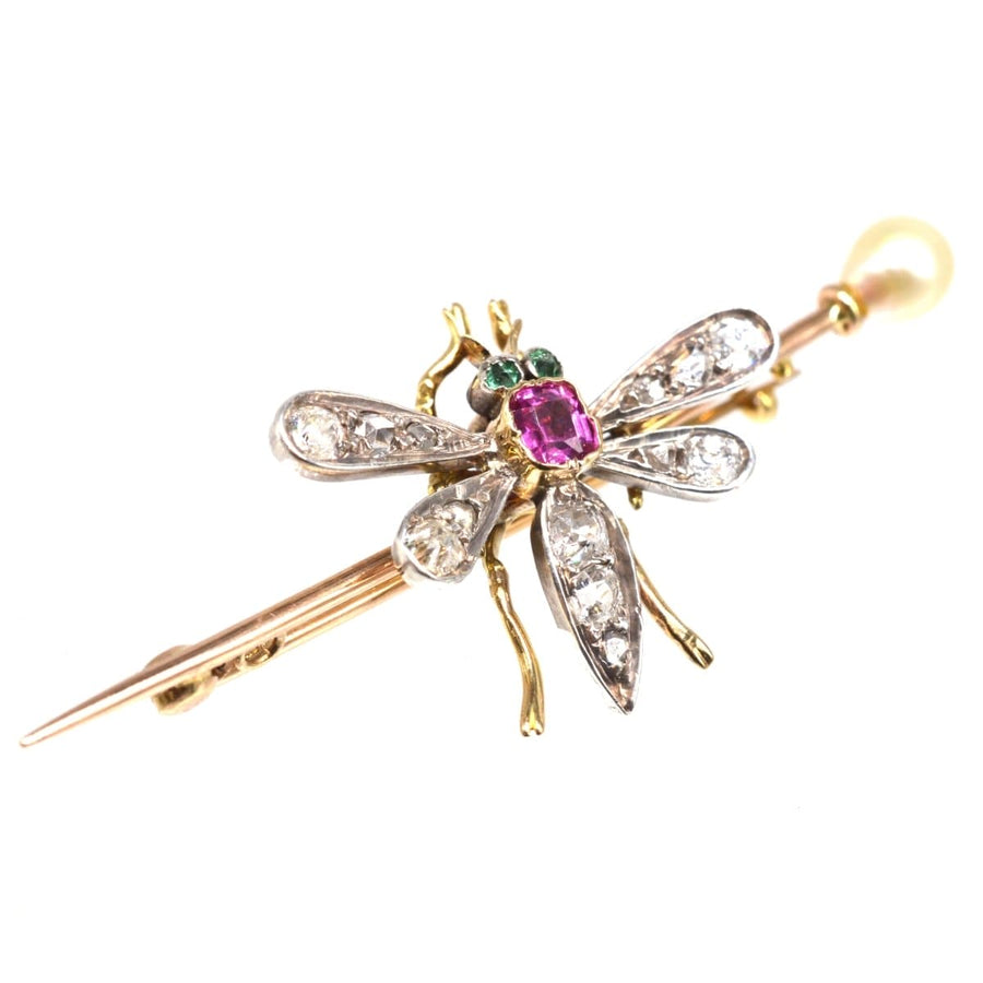 Edwardian Platinum & 18ct Gold, Pink Sapphire, Emerald, Diamond and Natural Pearl Bug brooch | Parkin and Gerrish (UK)