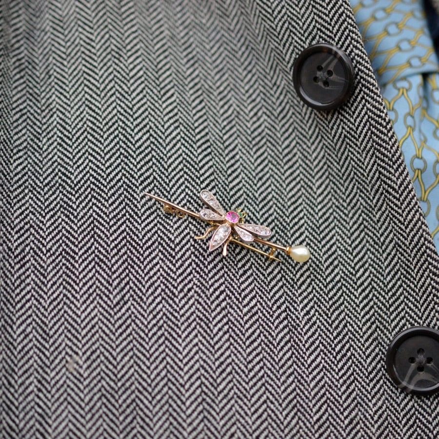 Edwardian Platinum & 18ct Gold, Pink Sapphire, Emerald, Diamond and Natural Pearl Bug brooch | Parkin and Gerrish (UK)