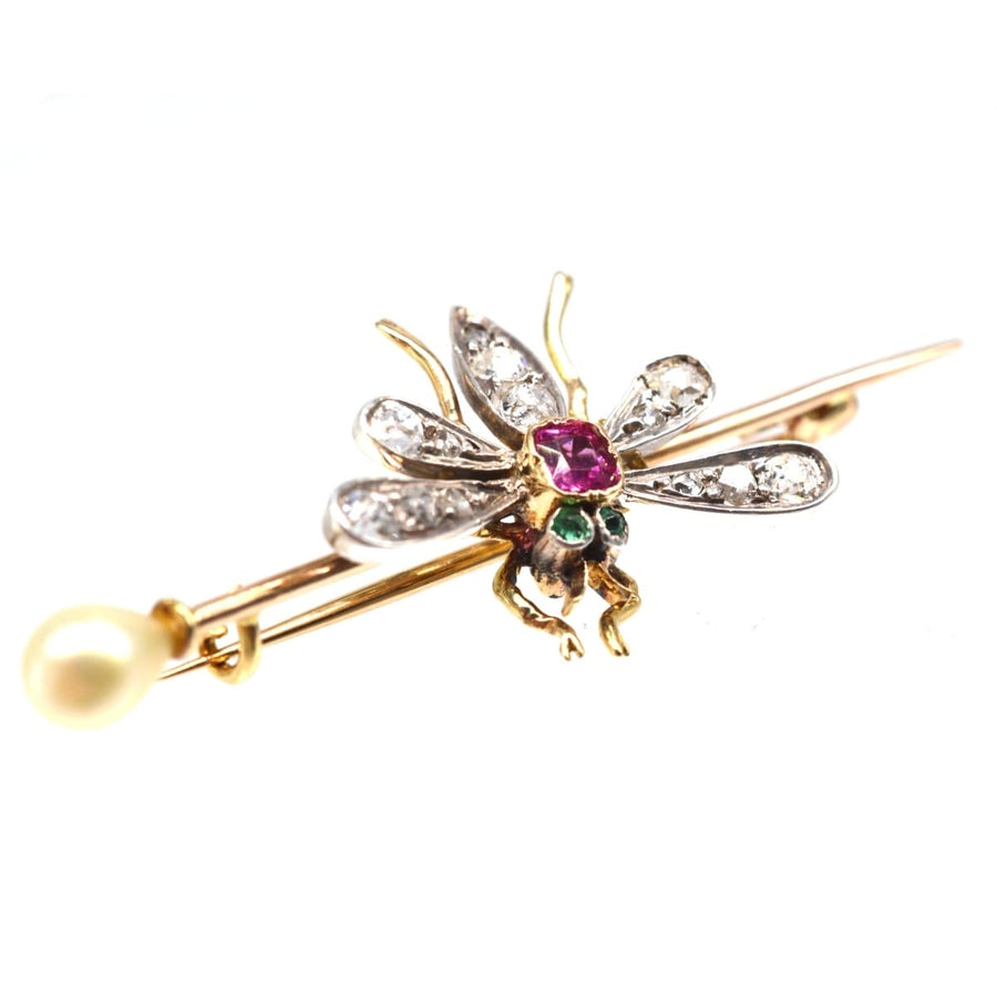 Edwardian Platinum & 18ct Gold, Pink Sapphire, Emerald, Diamond and Natural Pearl Bug brooch | Parkin and Gerrish (UK)